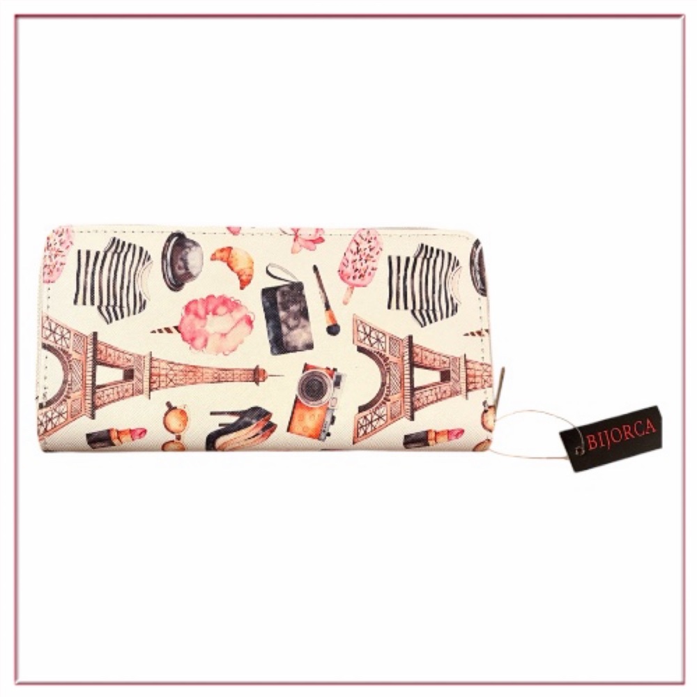Bijorca Cream Parisian Print Clutch
